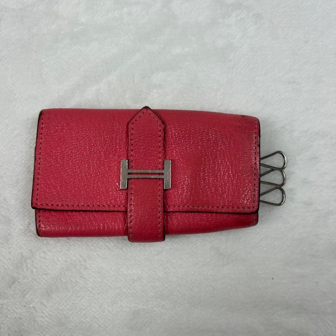 E518 箱付き エルメス ベアン レザー ピンク キーケース レディース