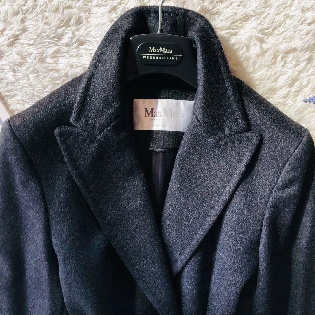 未使用 ✨マックスマーラ ベルテッドコート カシミヤ100% 女優襟 濃灰 40