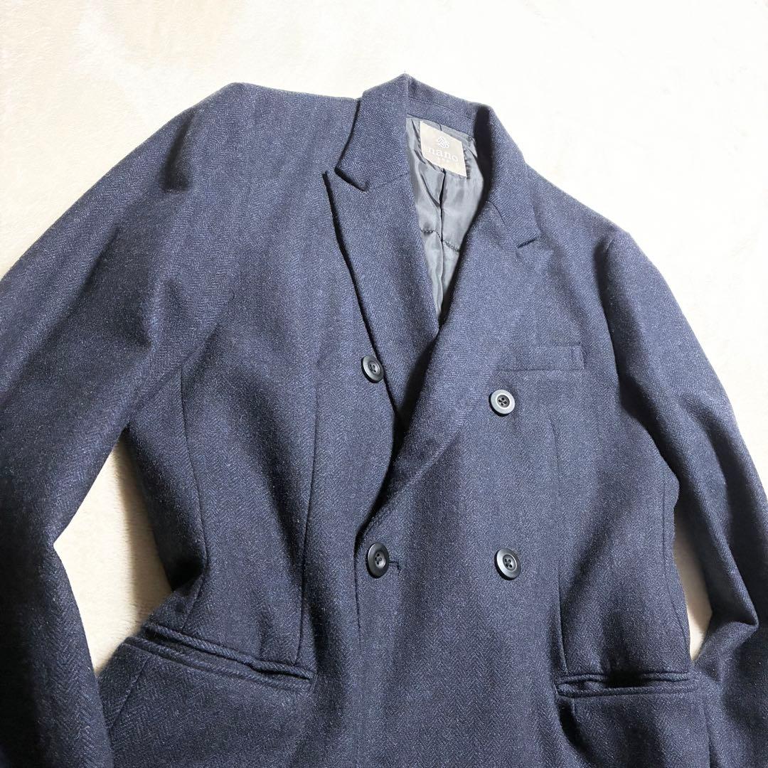 【美品】nano universe☆チェスターコート☆ダブル☆濃紺☆ヘリンボーン