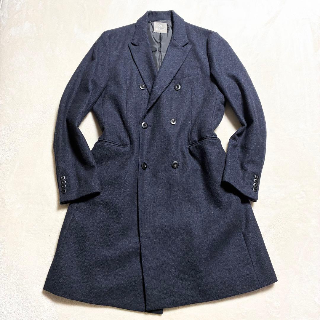 【美品】nano universe☆チェスターコート☆ダブル☆濃紺☆ヘリンボーン