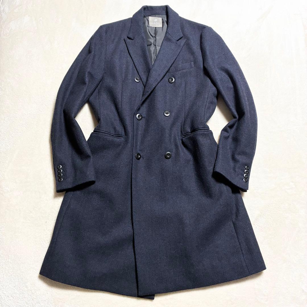 【美品】nano universe☆チェスターコート☆ダブル☆濃紺☆ヘリンボーン