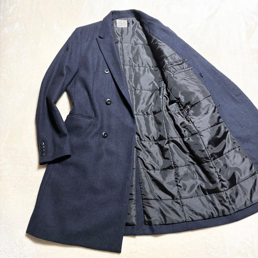 【美品】nano universe☆チェスターコート☆ダブル☆濃紺☆ヘリンボーン
