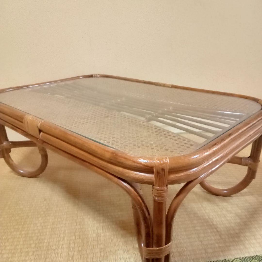 籐 ラタン ガラス天板 ローテーブル 座卓 レトロ モダン 和室 洋室 センター