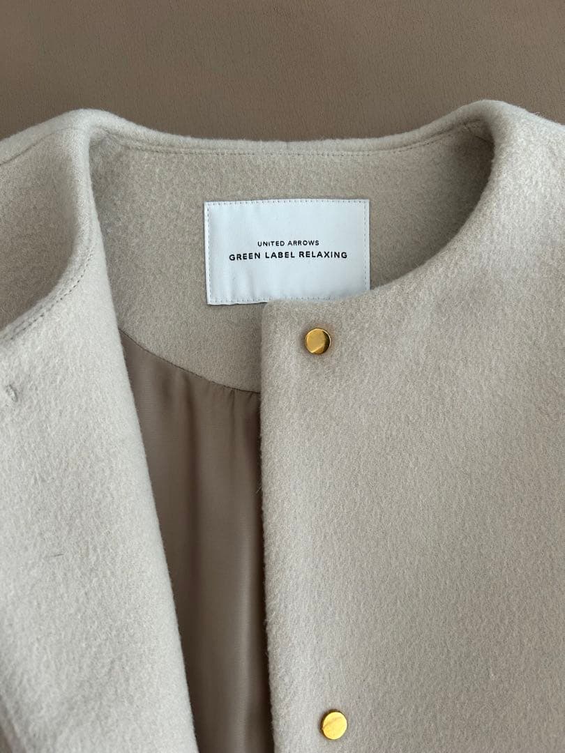 グリーンレーベルリラクシング　ショートビーバー　ノーカラーコート　ライトグレー
