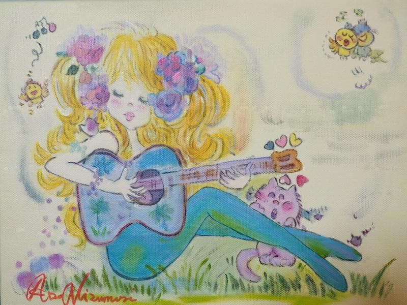 人物画　油絵　水森亜土　金髪の女の子　F6号　額付き　手描き　肉筆