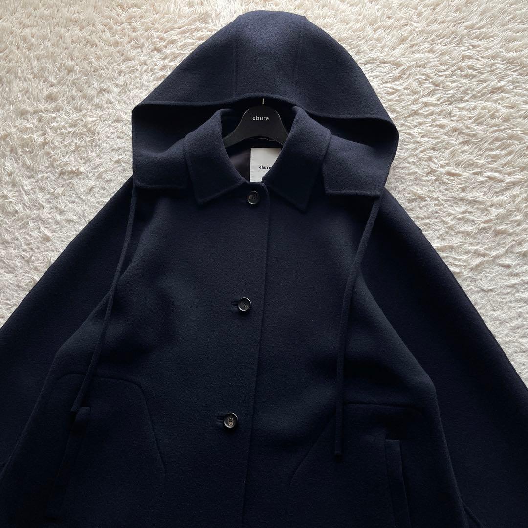 エブール フーデッドコート ロングコート マキシ丈 ウール ネイビー 36サイズ