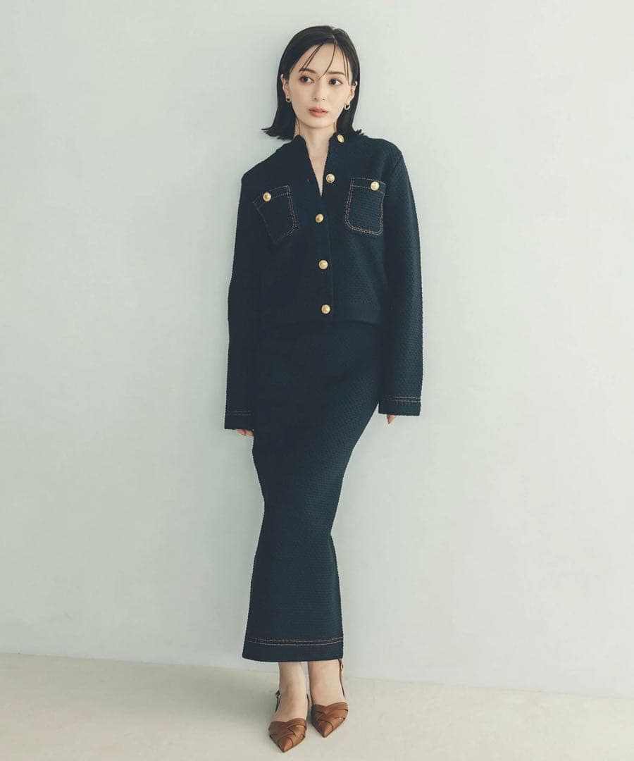 【新品】anuans アニュアンス　ノーカラーニットジャケット 　ネイビー