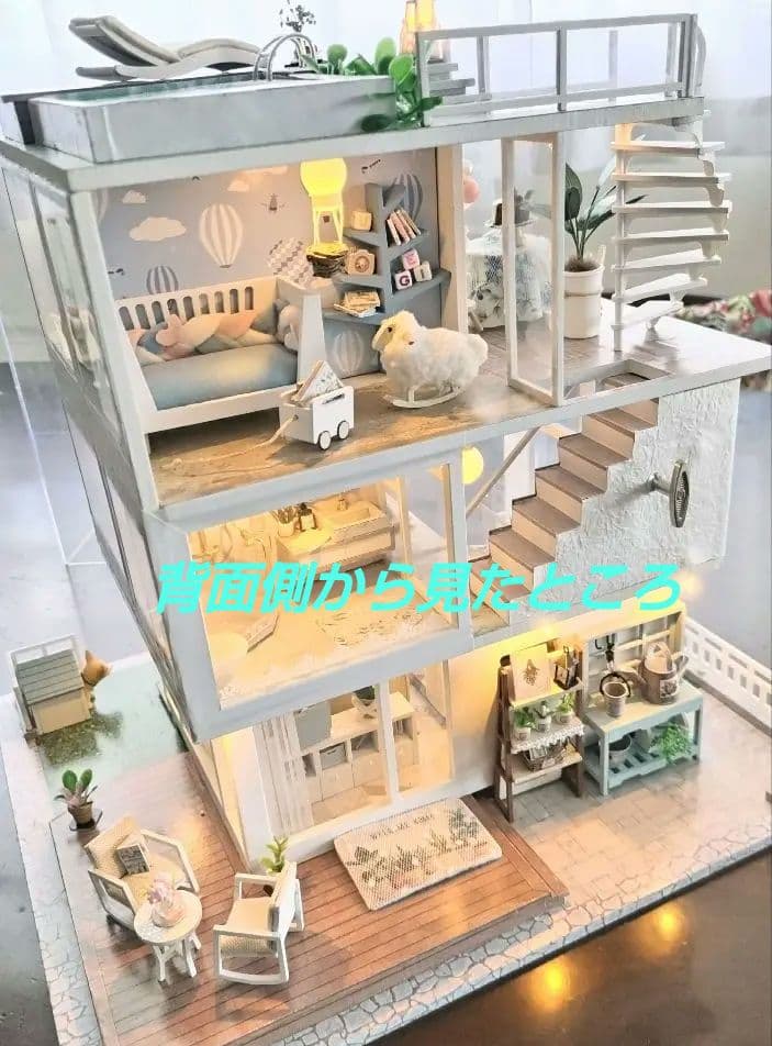 *完成品*ドールハウス 360度型 3階建て 屋上 プール オルゴール カバー付