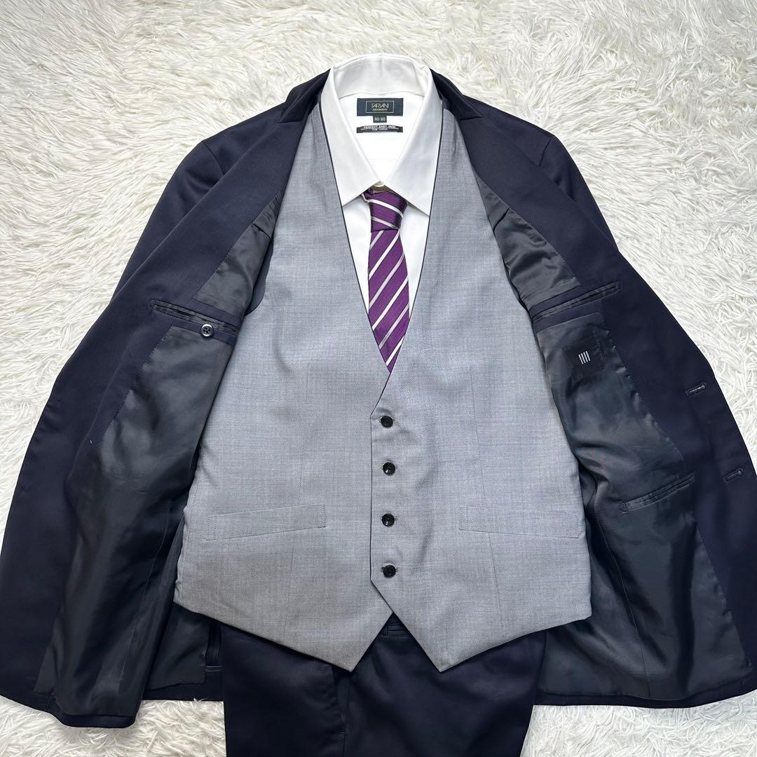 極美品 スーツセレクト 3ピース シルク混 光沢 リバーシブルジレネイビー A6