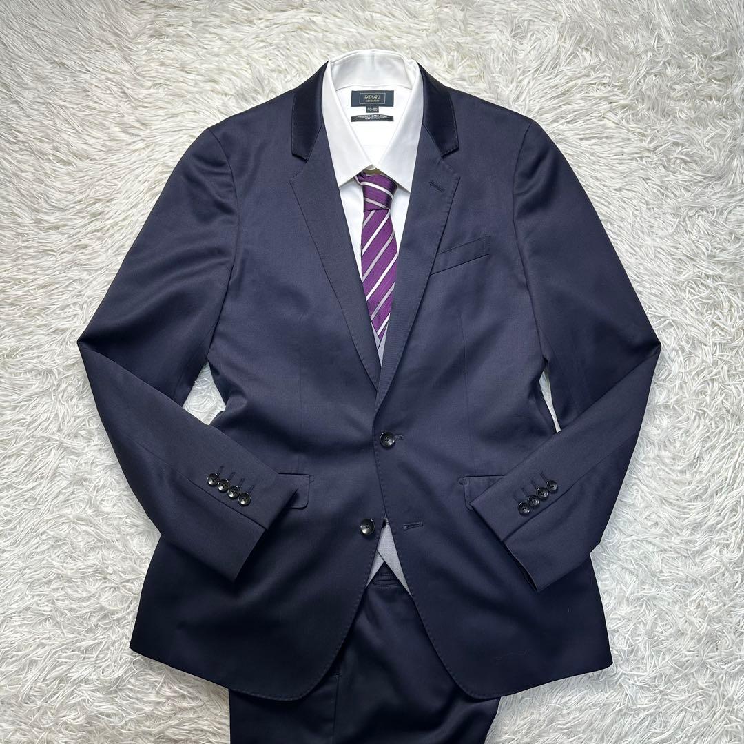 極美品 スーツセレクト 3ピース シルク混 光沢 リバーシブルジレネイビー A6