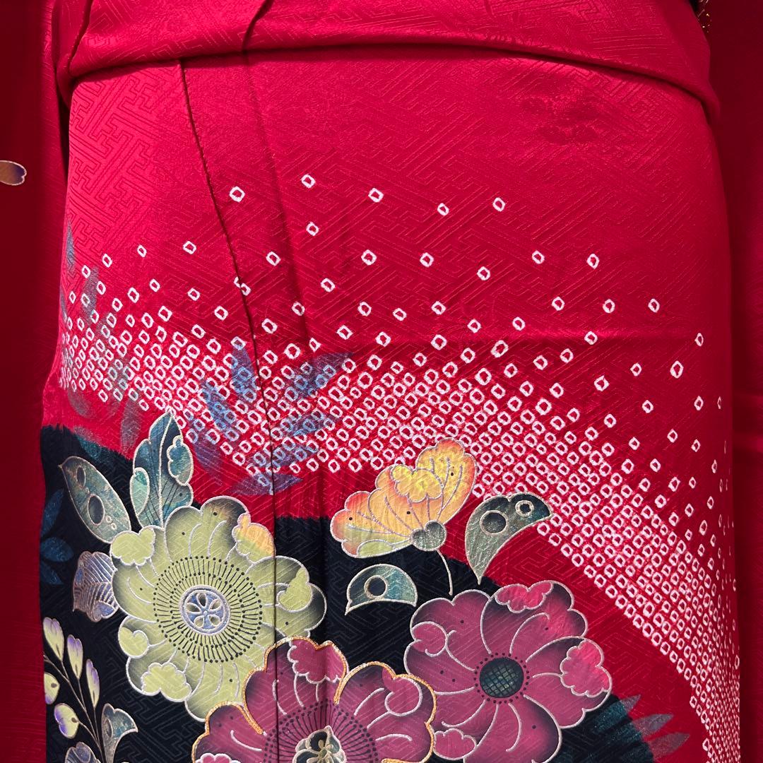 341 振袖フルセット 正絹 赤 黒 金 絞り 辻が花 金彩 駒刺繍 染め分け