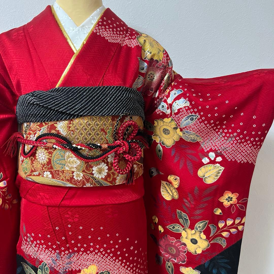 341 振袖フルセット 正絹 赤 黒 金 絞り 辻が花 金彩 駒刺繍 染め分け