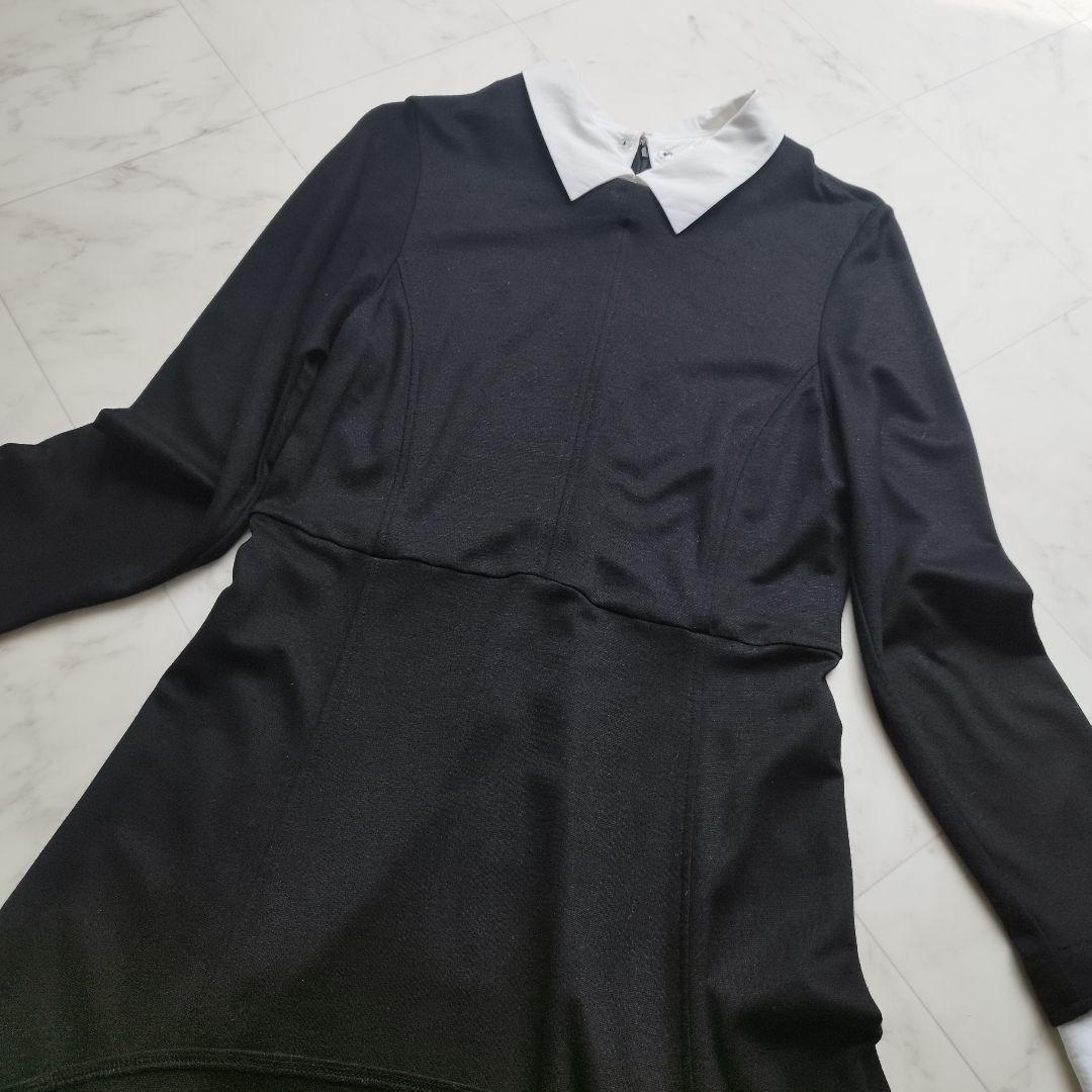 美品　ノーリーズ　38 白襟ロングワンピース　Aライン ストレッチ　黒