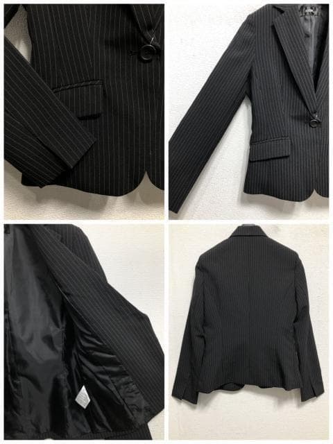 新品☆7号S黒系ストライプ♪パンツ・スカート付スーツ3点お仕事・通勤☆r655