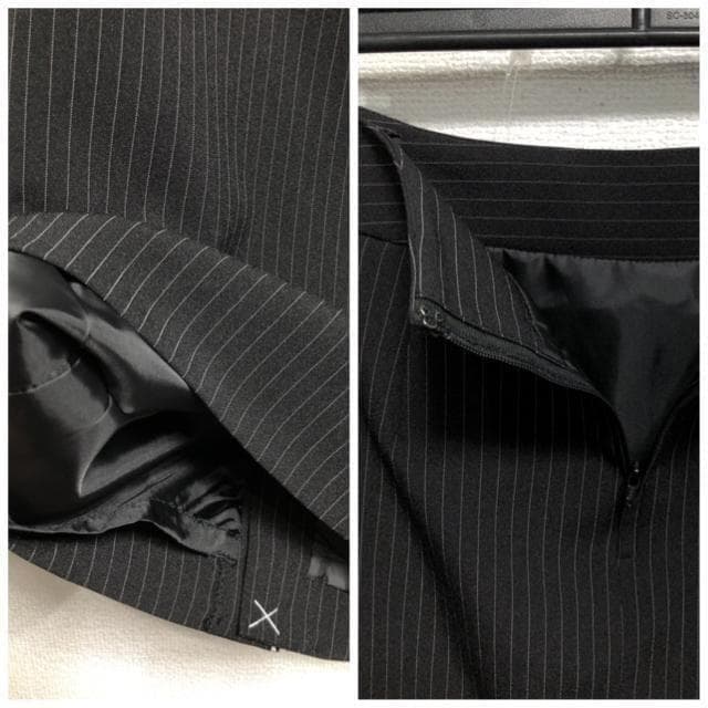 新品☆7号S黒系ストライプ♪パンツ・スカート付スーツ3点お仕事・通勤☆r655