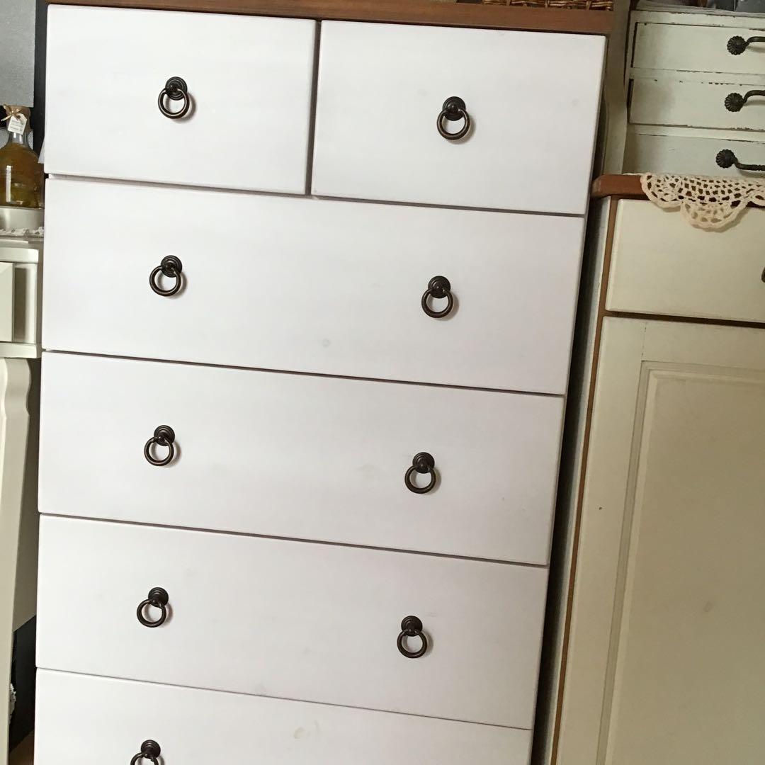 フレンチカントリー ホワイト木製チェスト 6引き出し 5段 ツートン