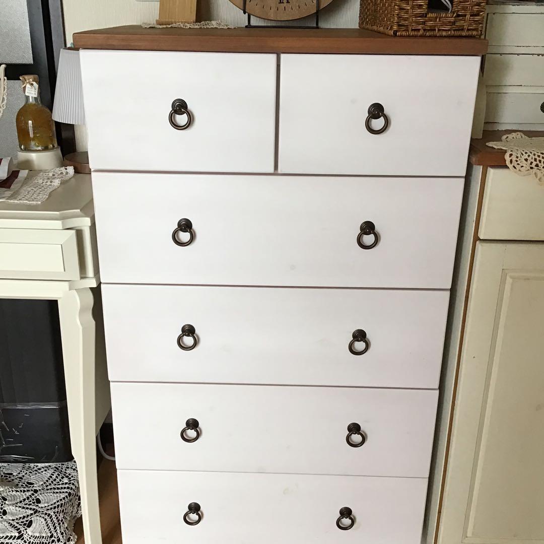 フレンチカントリー ホワイト木製チェスト 6引き出し 5段 ツートン