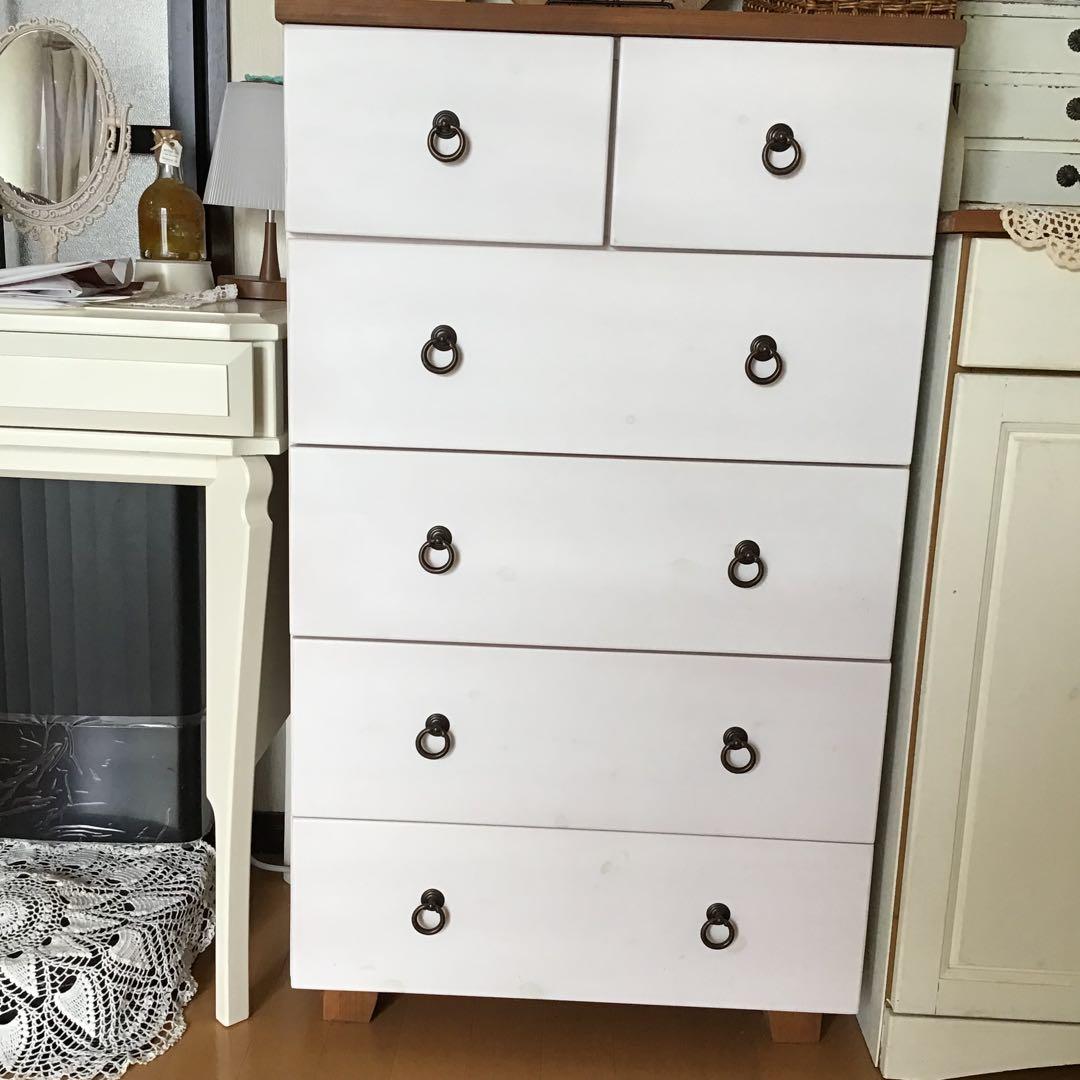 フレンチカントリー ホワイト木製チェスト 6引き出し 5段 ツートン