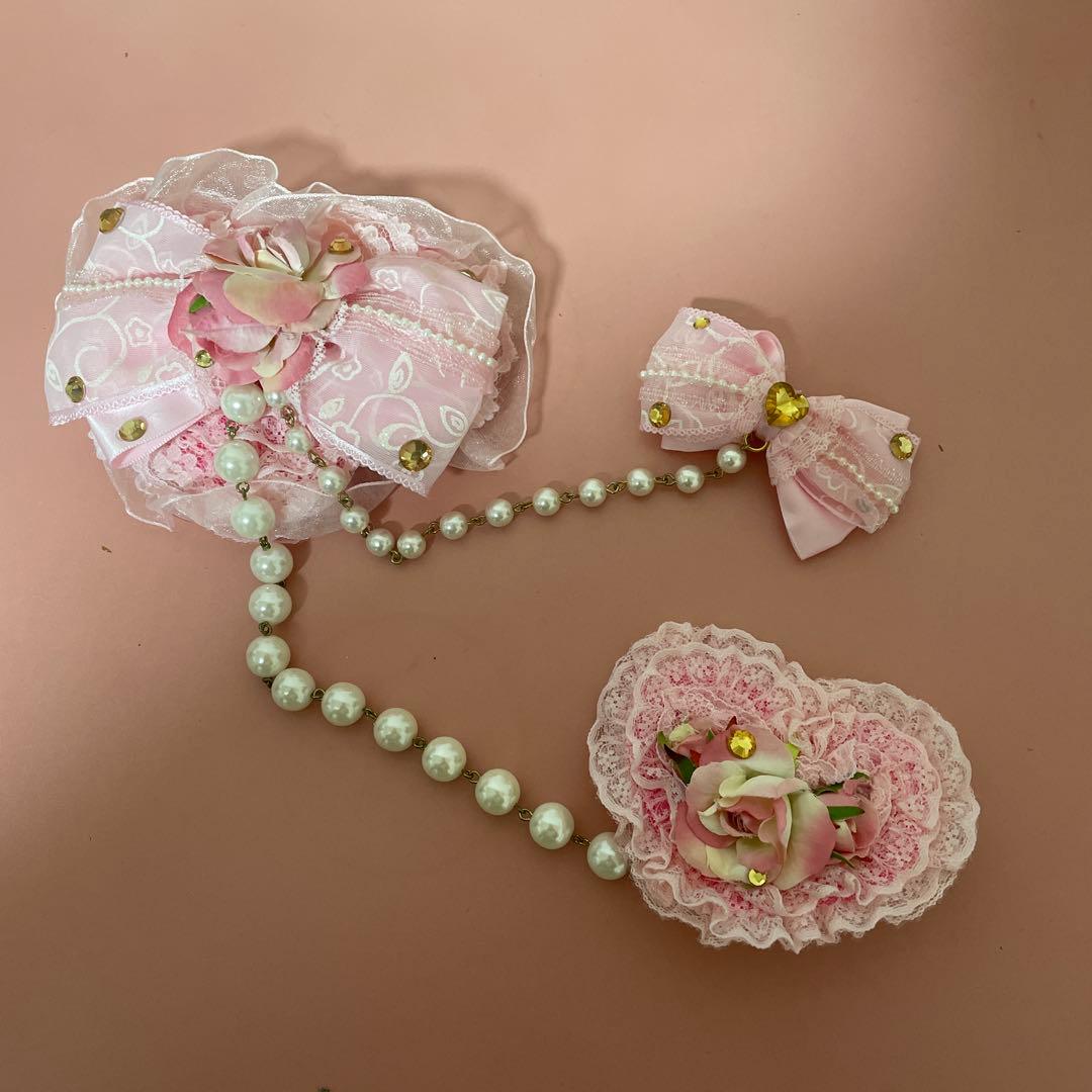 ラパフェ⭐︎バラとピンクレースリボンの姫系髪飾り⭐︎美品⭐︎姫ギャル⭐︎コスプレ小物