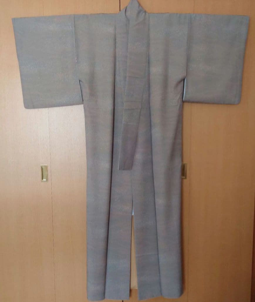 【美品】洗える小紋フルセット　東レシルック　袷　青白橡　波文様　京袋帯