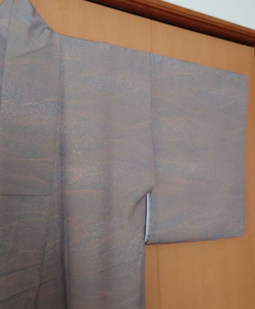 【美品】洗える小紋フルセット　東レシルック　袷　青白橡　波文様　京袋帯