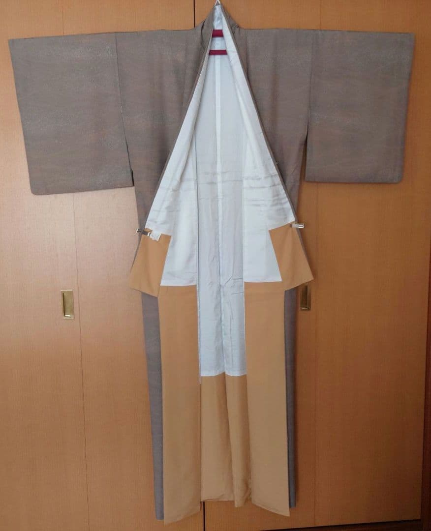 【美品】洗える小紋フルセット　東レシルック　袷　青白橡　波文様　京袋帯