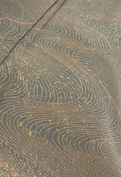 【美品】洗える小紋フルセット　東レシルック　袷　青白橡　波文様　京袋帯