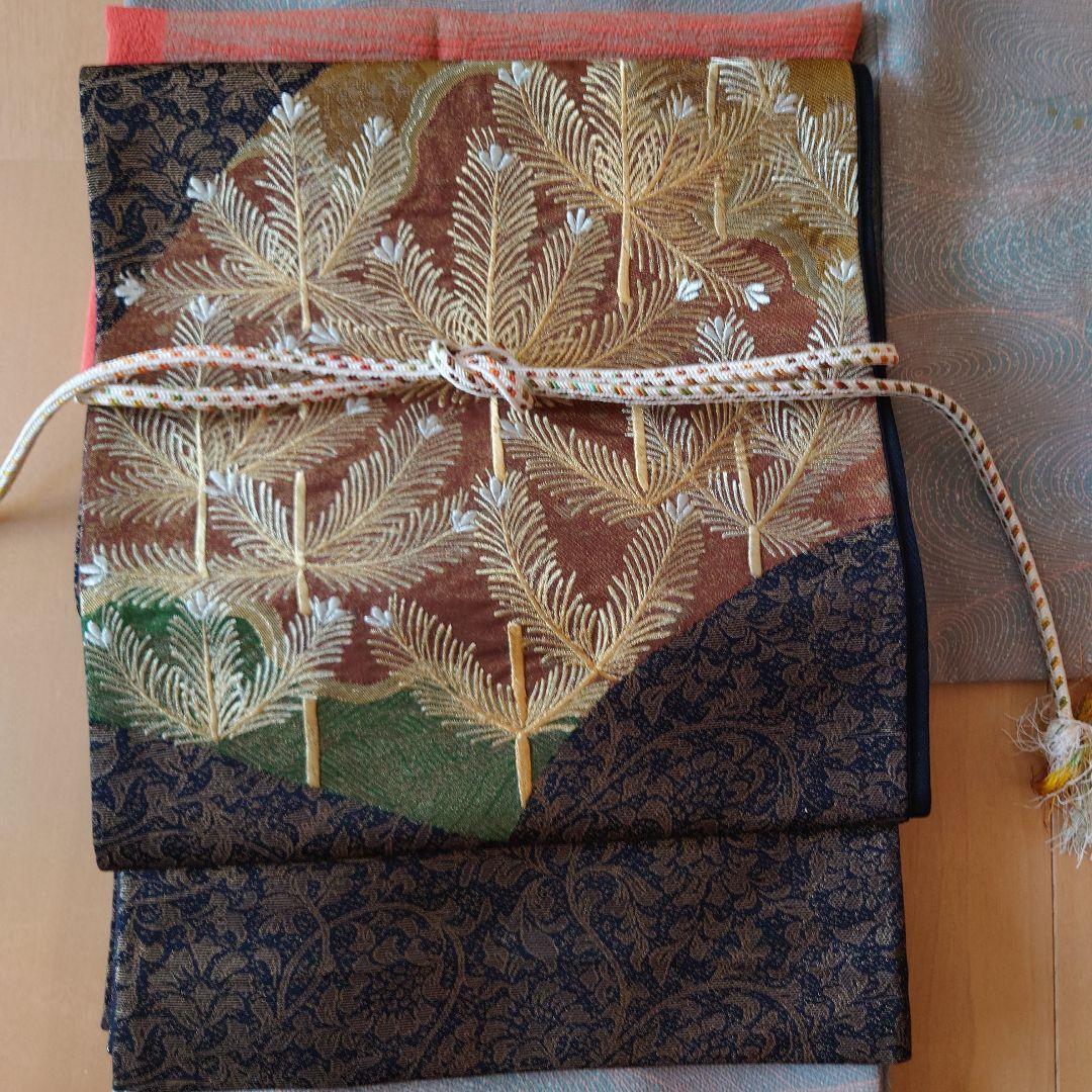 【美品】洗える小紋フルセット　東レシルック　袷　青白橡　波文様　京袋帯