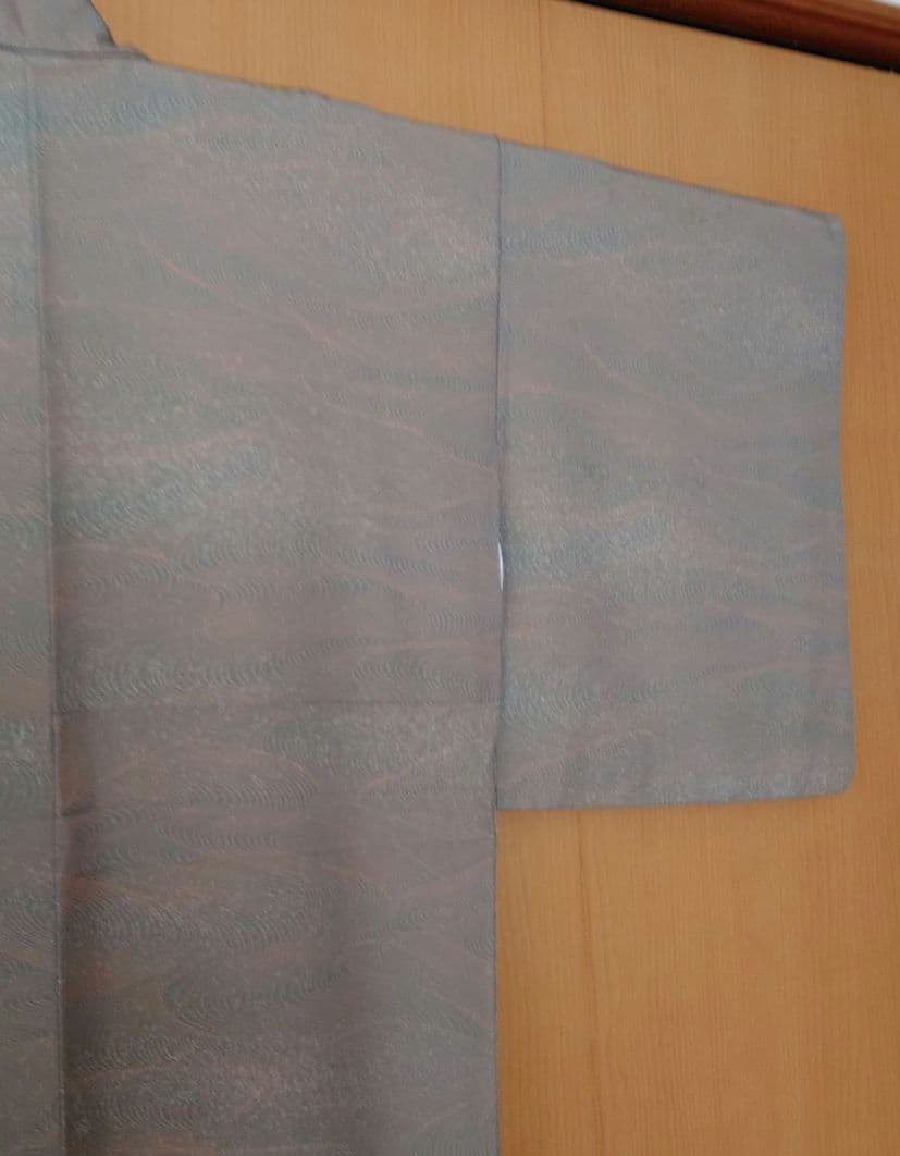 【美品】洗える小紋フルセット　東レシルック　袷　青白橡　波文様　京袋帯