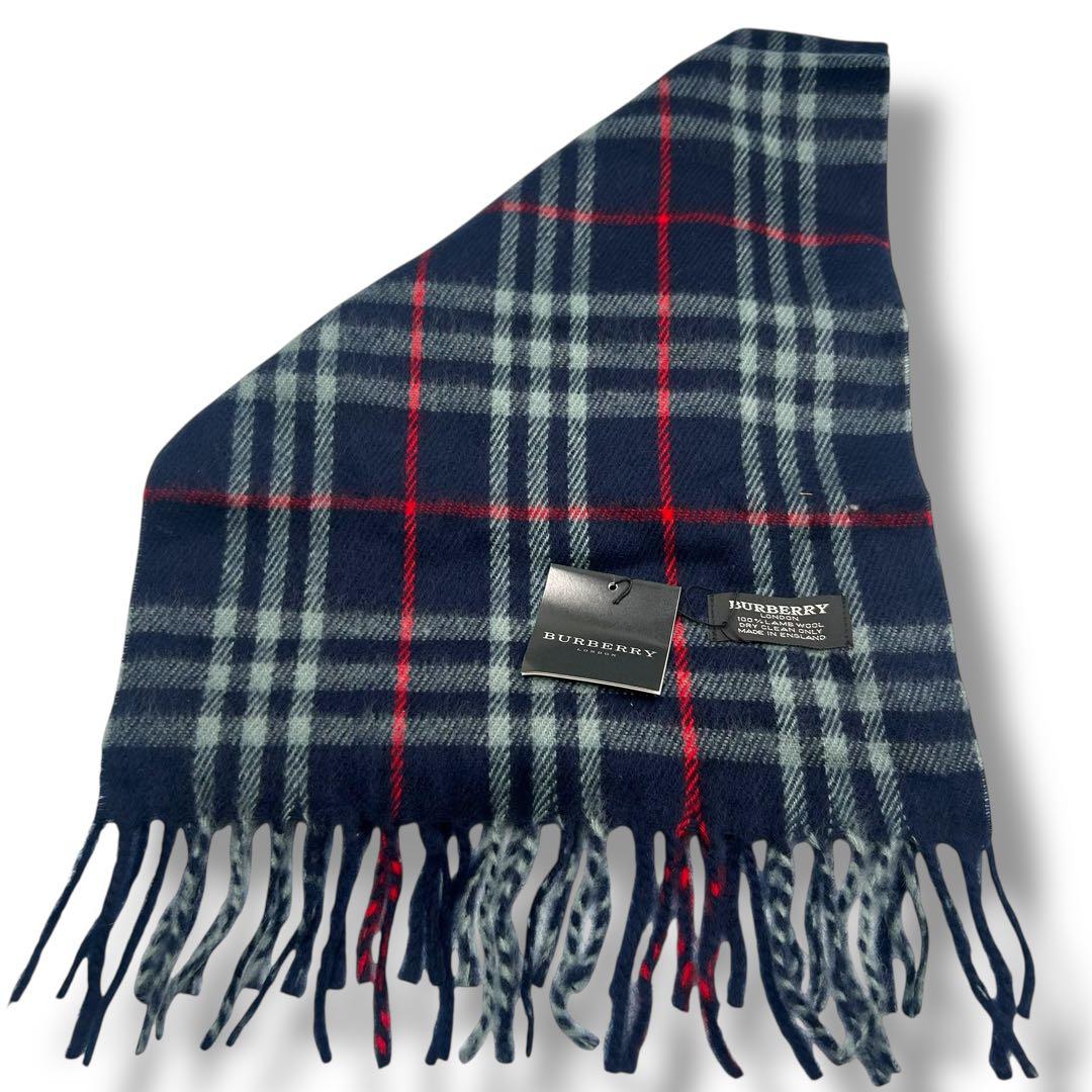 BURBERRY チェック柄マフラー ラムウール ネイビー
