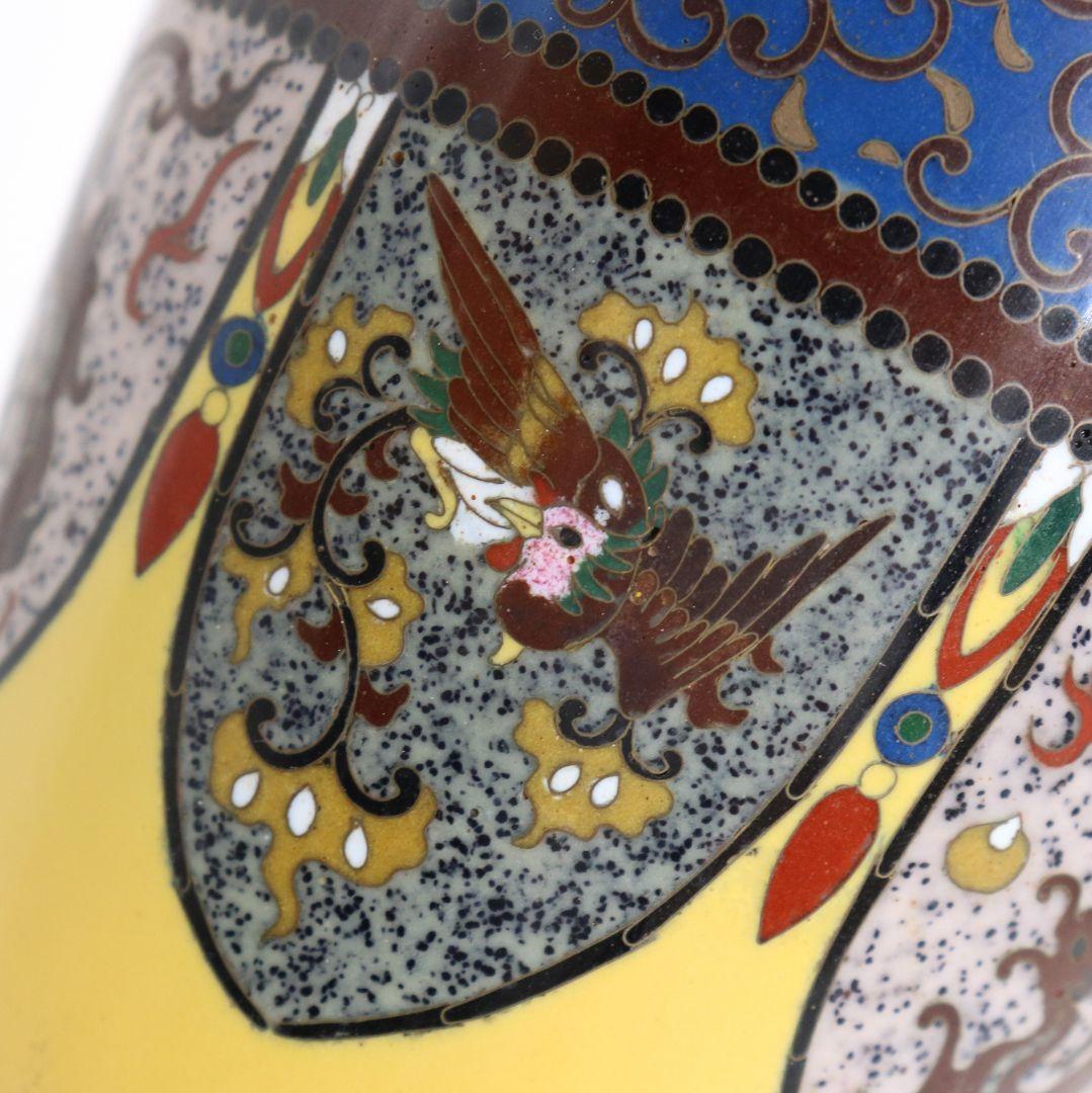 七宝焼 銀覆輪 唐草鳳凰龍図 花瓶 純銀刻印 唐木台座　V505　DC2