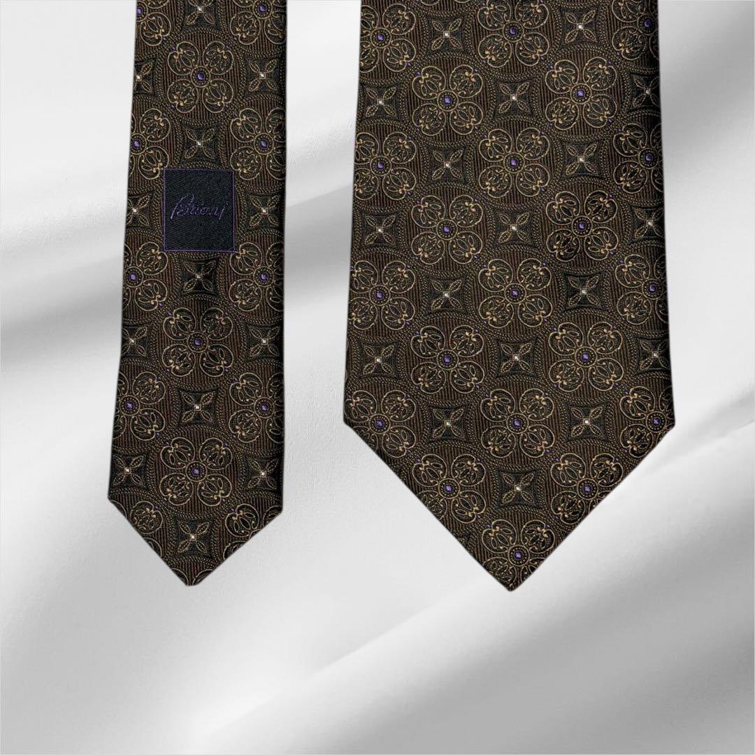 【超美品】ブリオーニ 総柄 幾何学模様 モノトーン ジャガード ブラウン 焦茶色