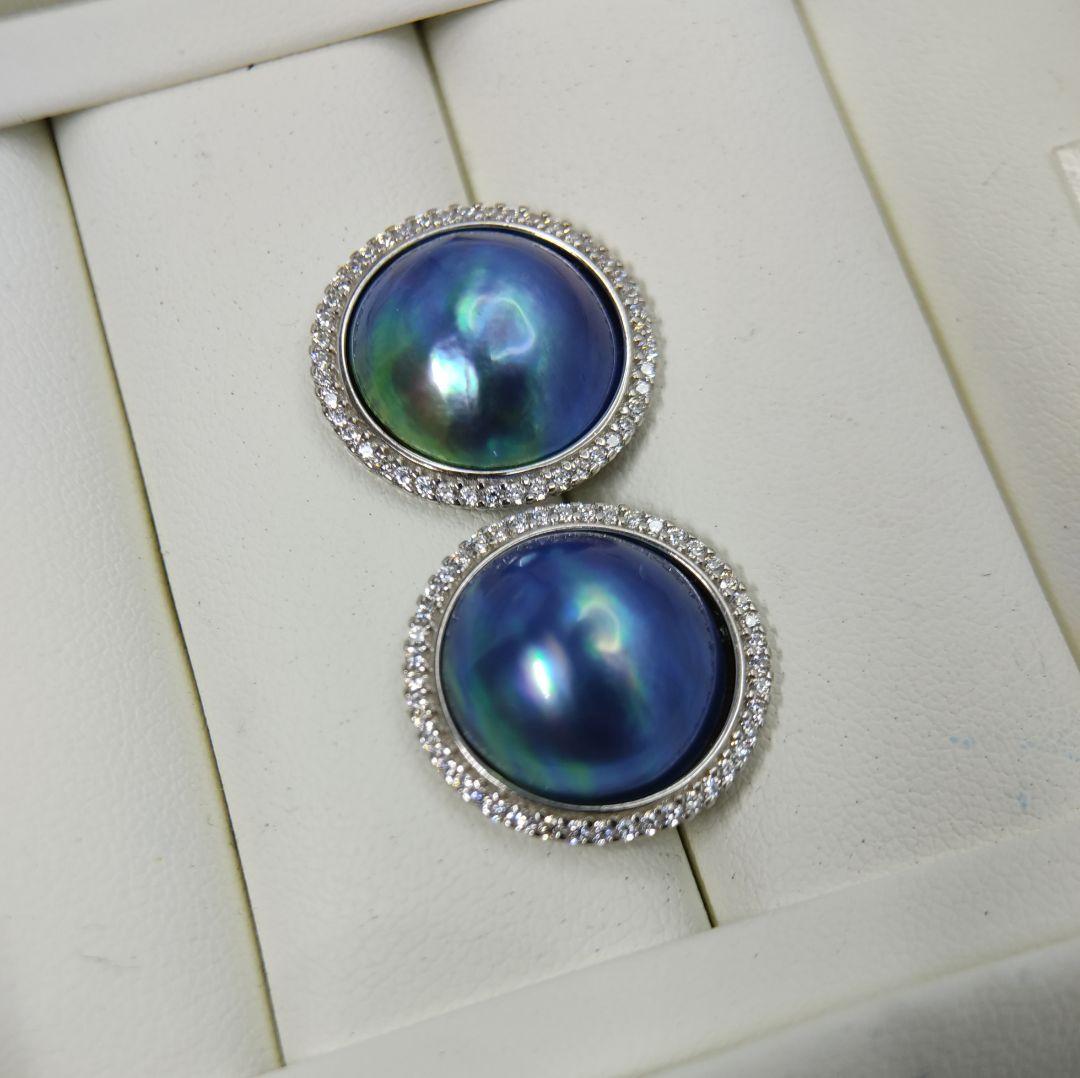 くっきー☆様ご確認用　本真珠　マベパール　ブルー緑オーロラ干渉色　S925ピアス