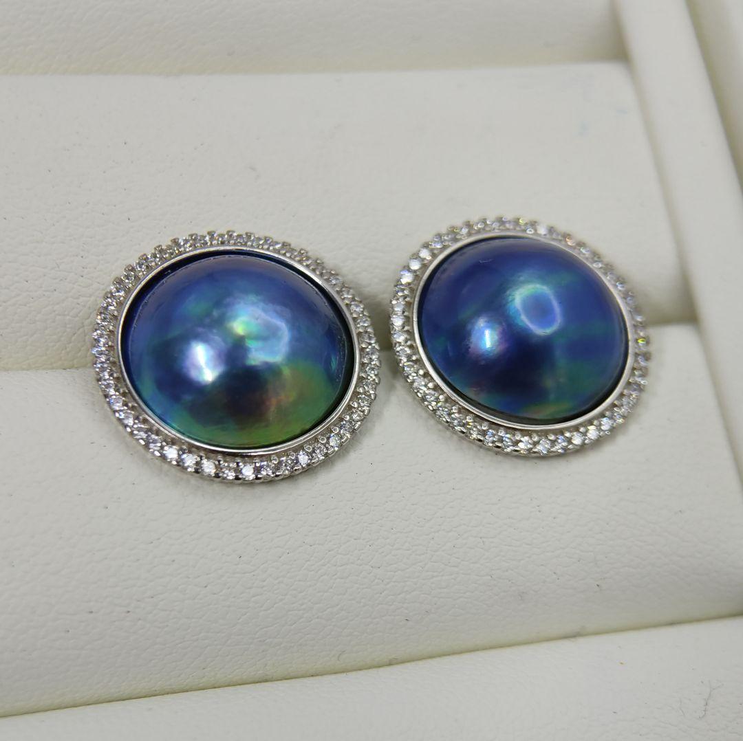 くっきー☆様ご確認用　本真珠　マベパール　ブルー緑オーロラ干渉色　S925ピアス