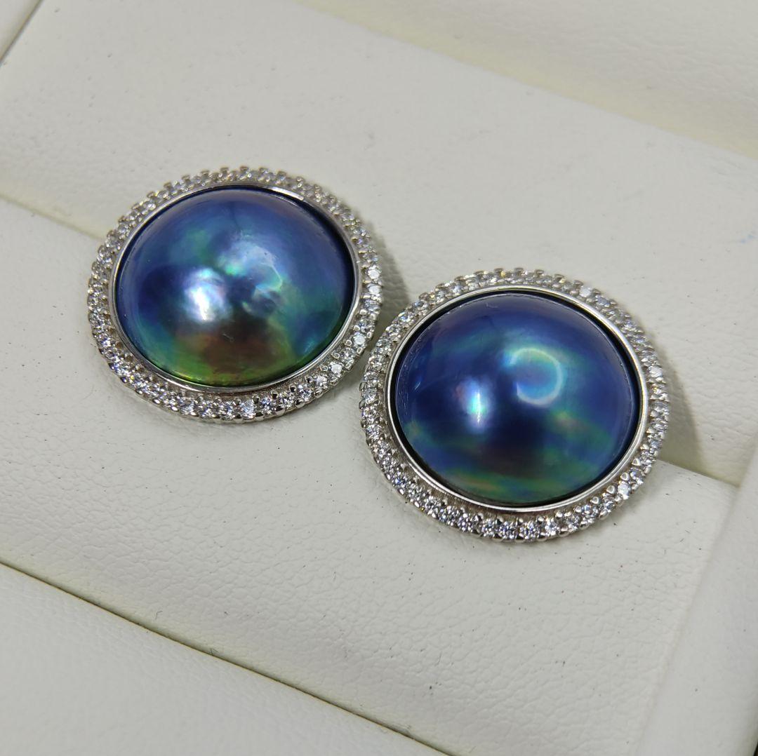 くっきー☆様ご確認用　本真珠　マベパール　ブルー緑オーロラ干渉色　S925ピアス