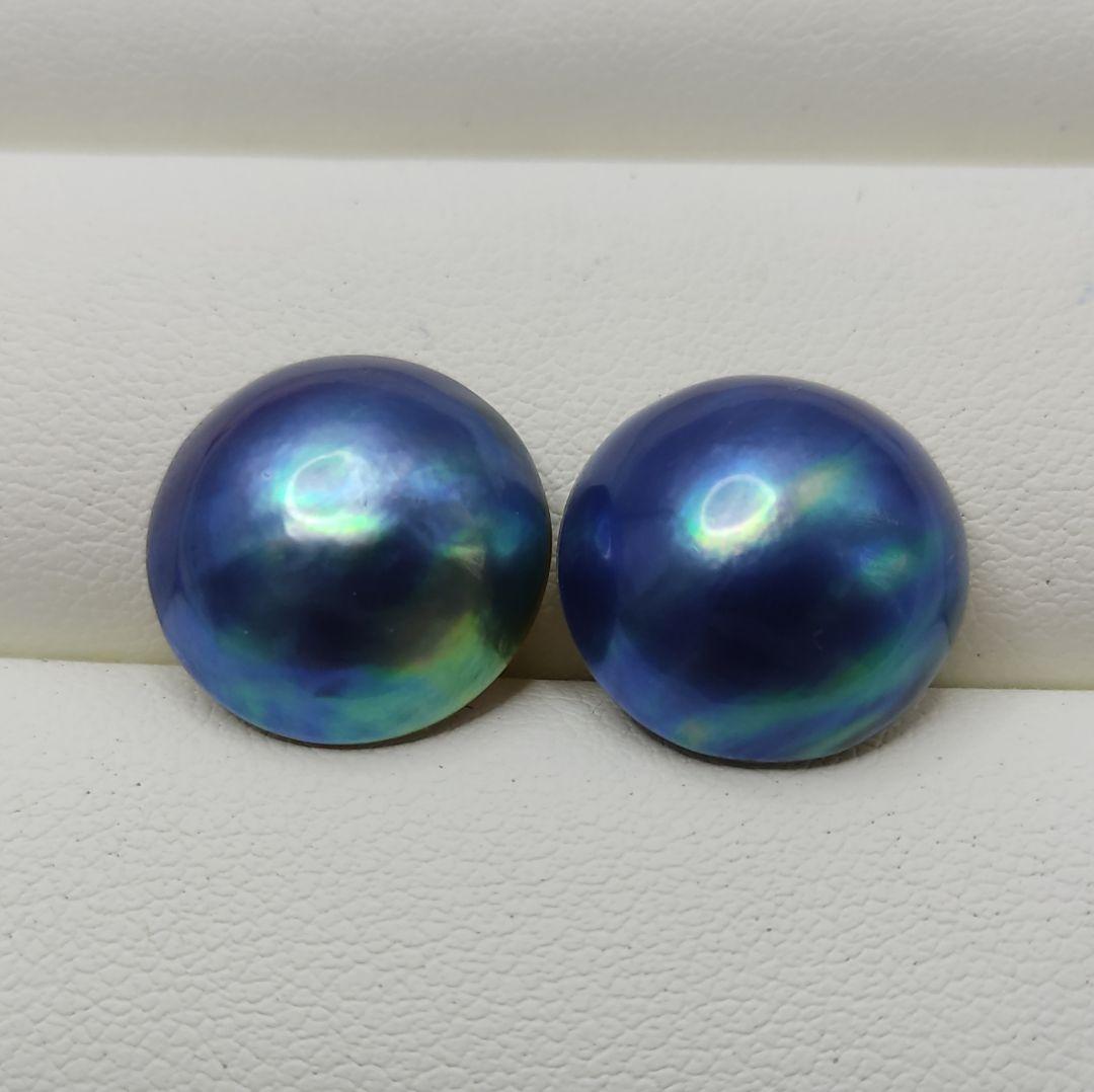 くっきー☆様ご確認用　本真珠　マベパール　ブルー緑オーロラ干渉色　S925ピアス