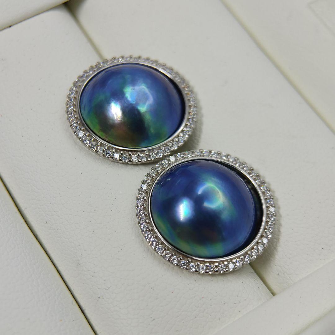 くっきー☆様ご確認用　本真珠　マベパール　ブルー緑オーロラ干渉色　S925ピアス