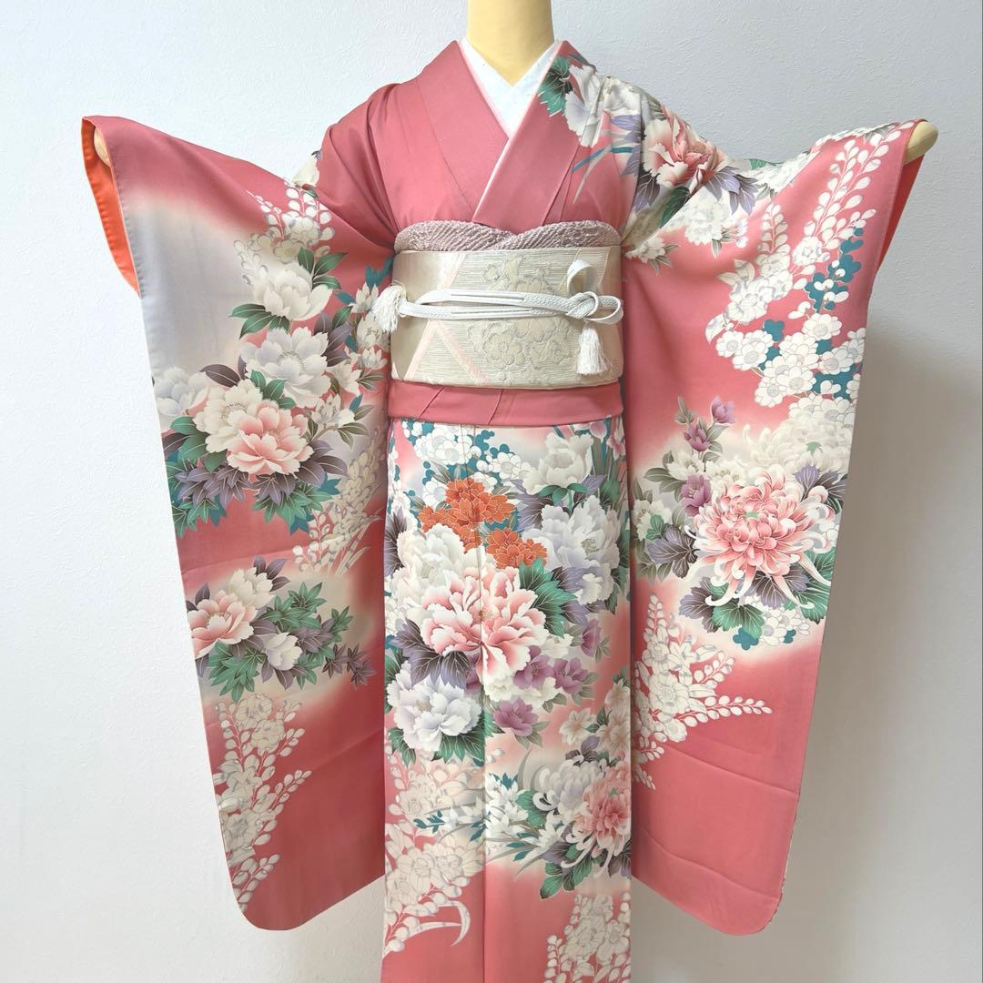 441 振袖フルセット 正絹 渋桃 くすみピンク 金彩 暈し染め 辻が花 華やか