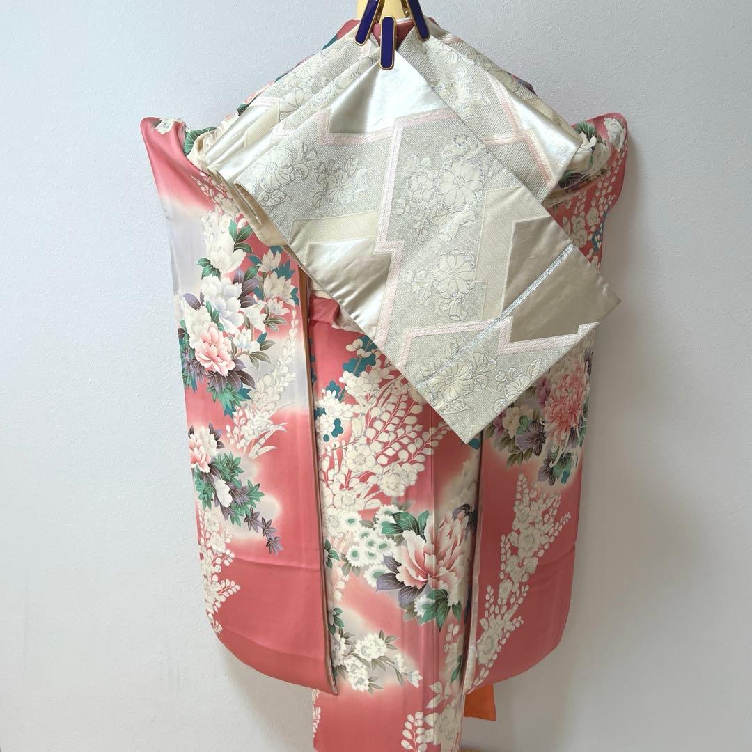 441 振袖フルセット 正絹 渋桃 くすみピンク 金彩 暈し染め 辻が花 華やか
