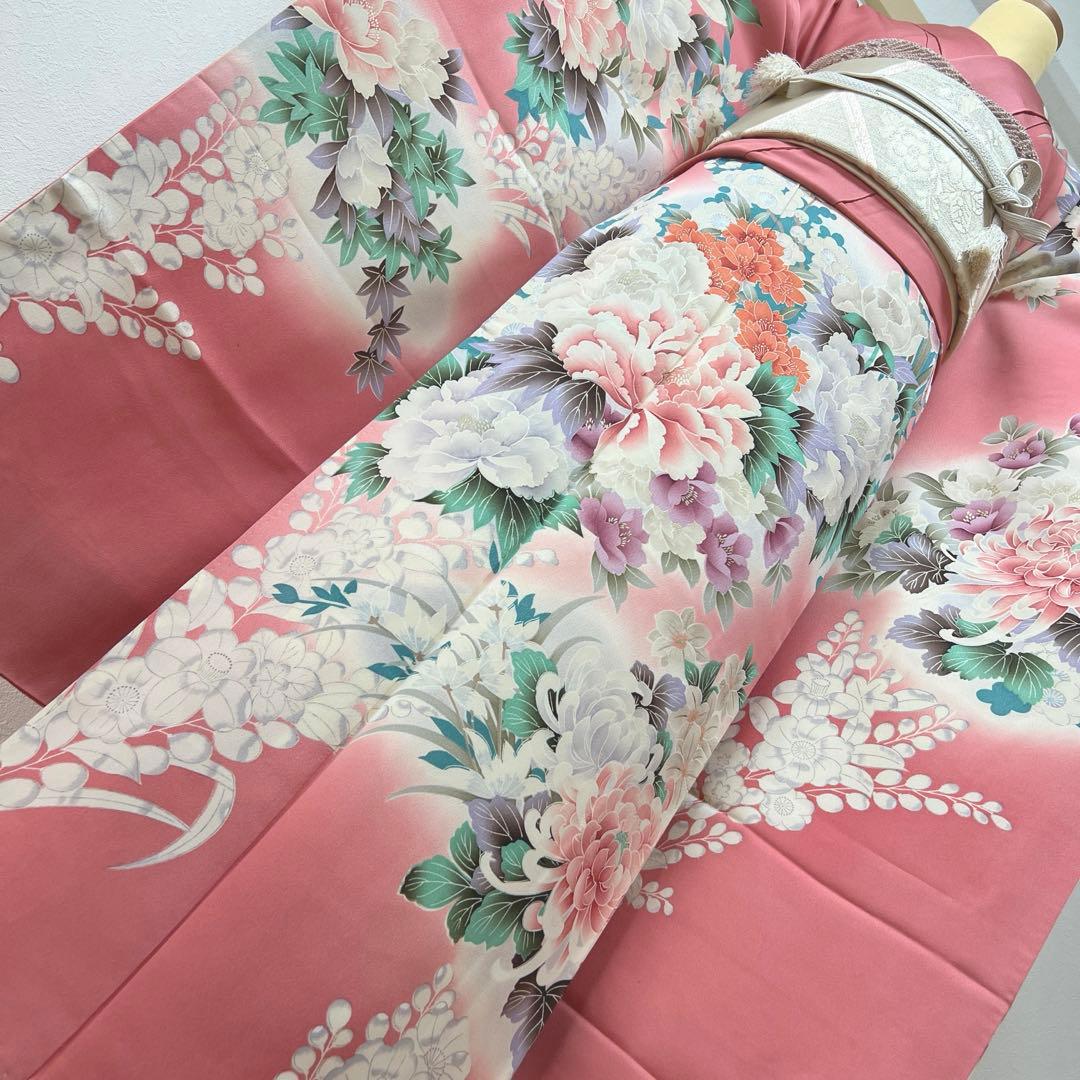 441 振袖フルセット 正絹 渋桃 くすみピンク 金彩 暈し染め 辻が花 華やか