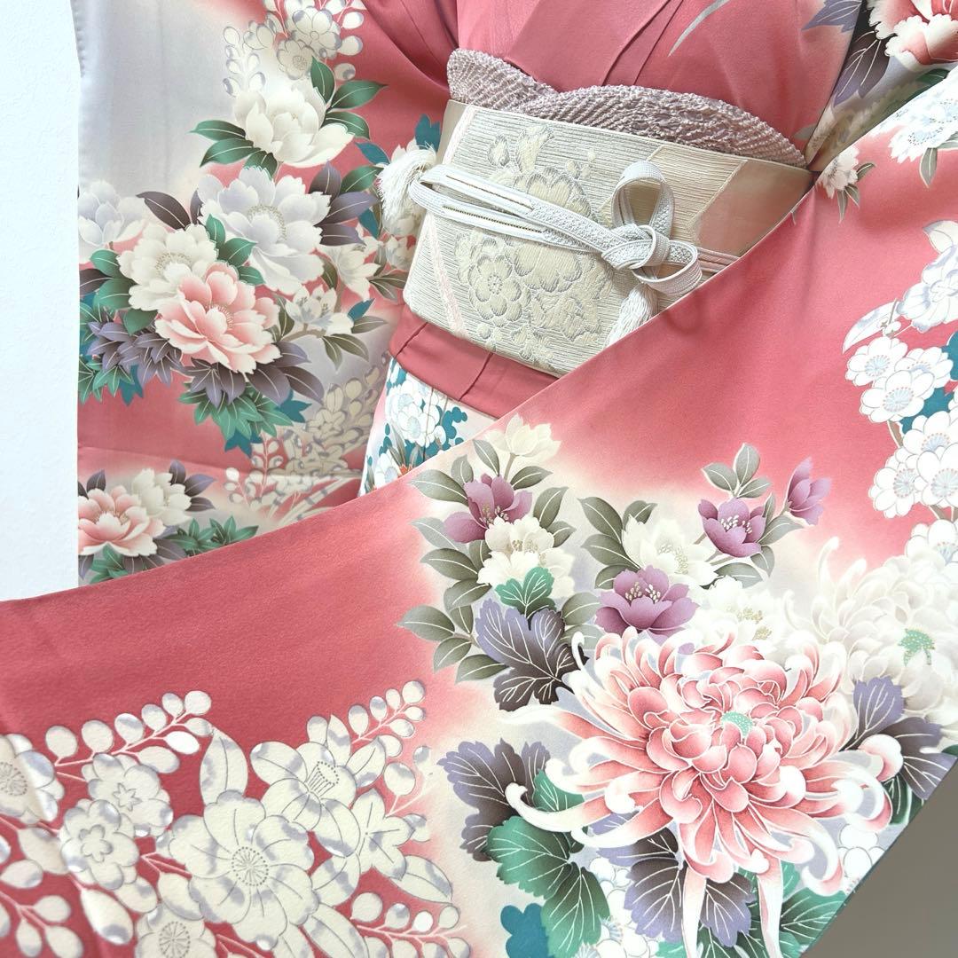 441 振袖フルセット 正絹 渋桃 くすみピンク 金彩 暈し染め 辻が花 華やか