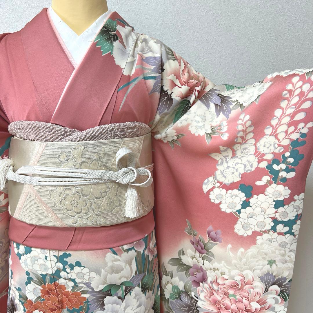 441 振袖フルセット 正絹 渋桃 くすみピンク 金彩 暈し染め 辻が花 華やか