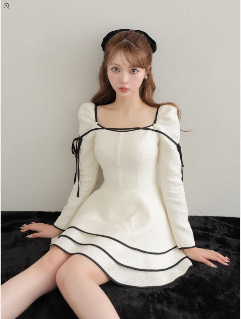 ワンピース mmeeme Ribbon trim tweed mini onepiece