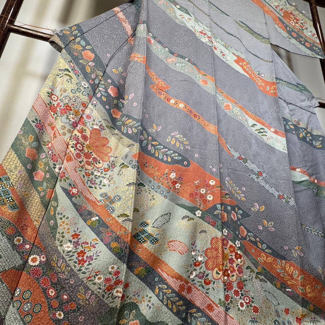 超美品　正絹　現代　訪問着　着物　膨れ織　グレー　オレンジ　トール　174裄70