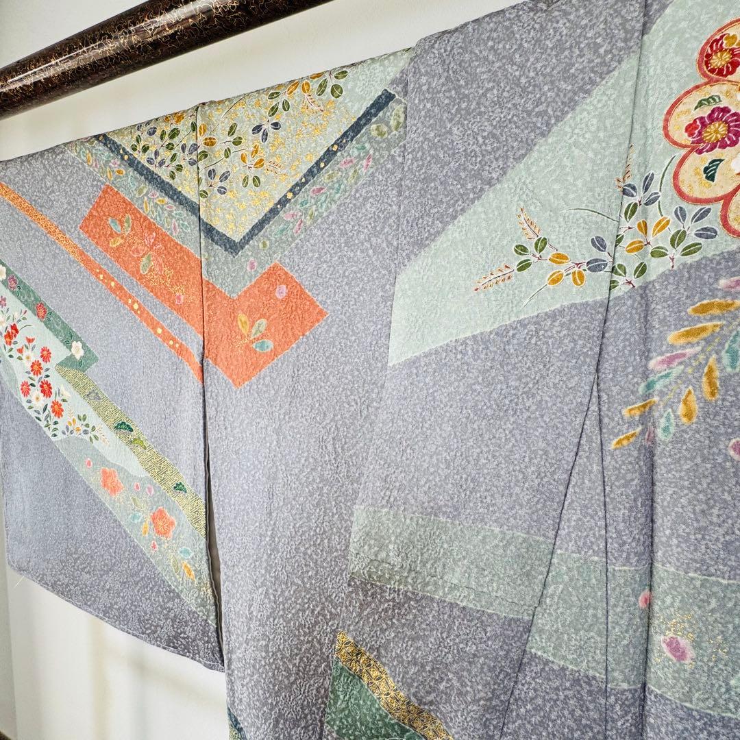 超美品　正絹　現代　訪問着　着物　膨れ織　グレー　オレンジ　トール　174裄70