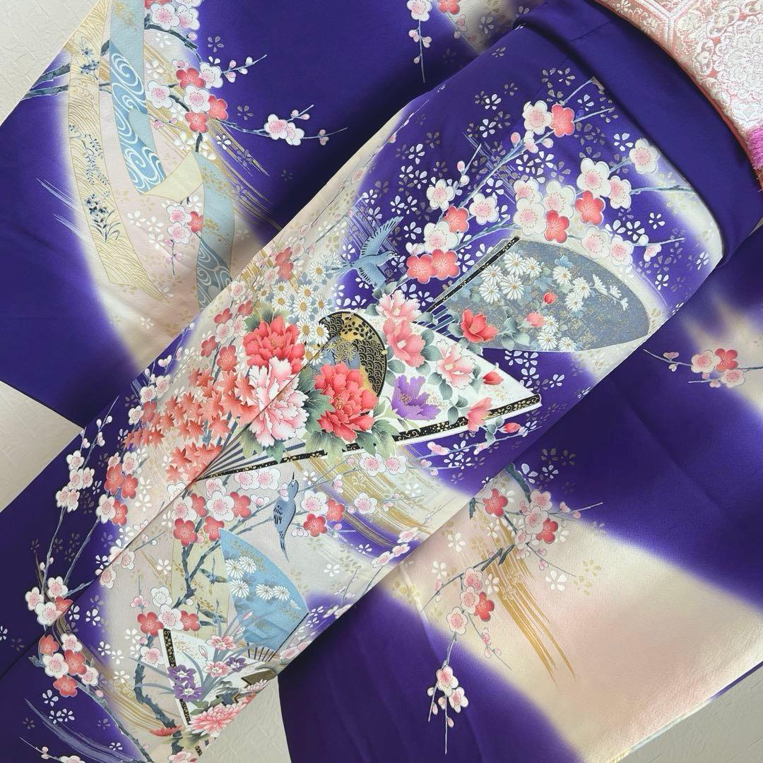 489 振袖フルセット 正絹 紺 ネイビー 青紫 桃 金彩 暈し染め 華やか