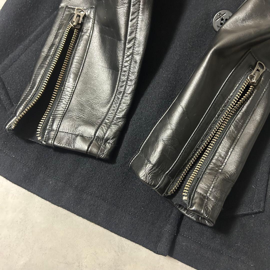 美品 アヴィレックス メルトンピーコート 袖レザー 異素材 ダブルブレスト L