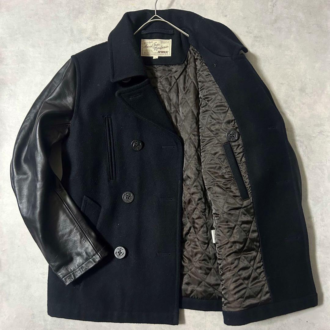 美品 アヴィレックス メルトンピーコート 袖レザー 異素材 ダブルブレスト L