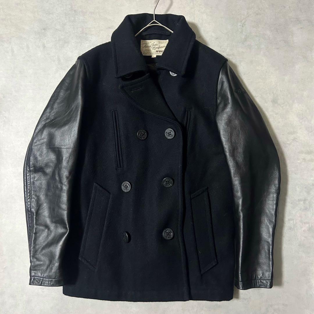 美品 アヴィレックス メルトンピーコート 袖レザー 異素材 ダブルブレスト L