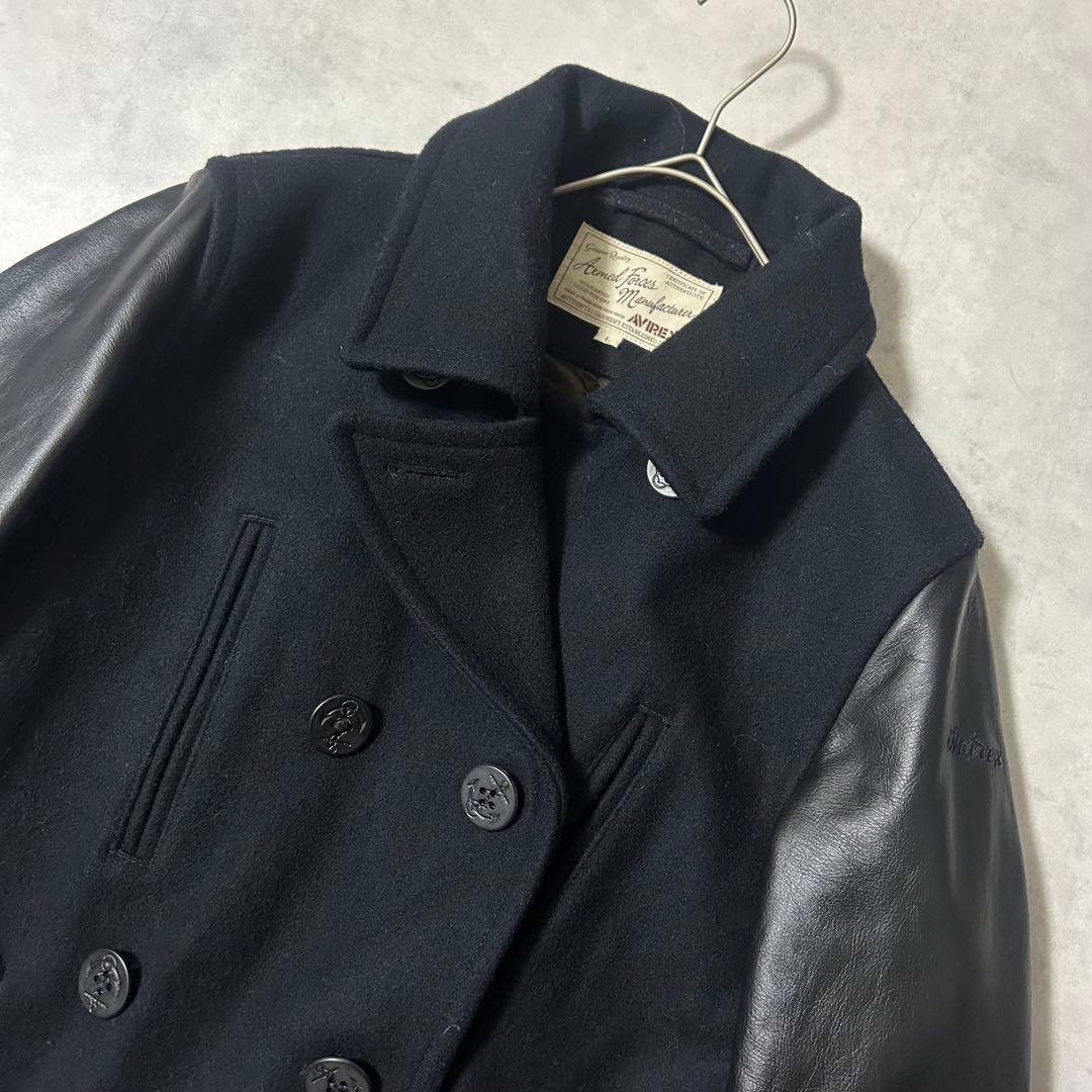 美品 アヴィレックス メルトンピーコート 袖レザー 異素材 ダブルブレスト L